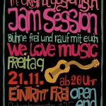 Plakat mit Gitarre und Text "The original gasparitsch Jam Session. Bühne frei und rauf mit euch. we love music. Freitag, 21.11. ab 20 Uhr. Eintritt Frei. Open End. Rotenbergstraße 125