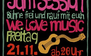 Plakat mit Gitarre und Text "The original gasparitsch Jam Session. Bühne frei und rauf mit euch. we love music. Freitag, 21.11. ab 20 Uhr. Eintritt Frei. Open End. Rotenbergstraße 125