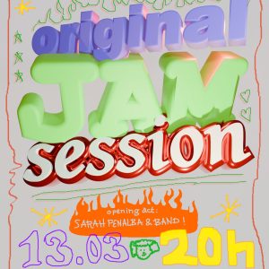 Flyer mit Text "Original Jam Session - Bühne frei und rauf mit euch! jetzt neu: mit Opening Act. 13.03.26 | 20 Uhr | eintritt frei :) Stadtteilzentrum Gasparitsch, Rotenbergstraße 125"