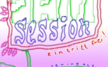 Plakat mit Aufschrift: The original gasparitsch Jam session. Opening Act Ingrids Enkel. We love music. Bühne frei und rauf mit Euch. Freitag 17.04. ab 20 Uhr, Rotenbergstraße 125